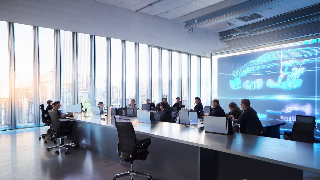 Employees discussing AI-driven personalized email marketing strategies in a futuristic office