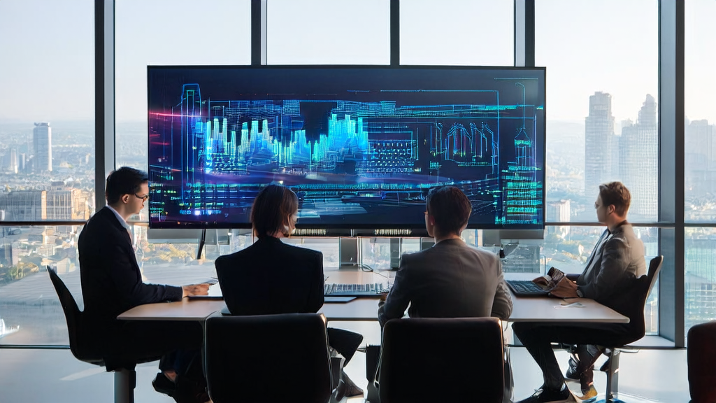 Marketing experts discussing AI-driven customer acquisition strategies in a modern office