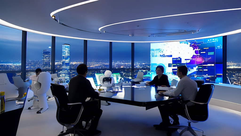 未来的办公室内，营销专家们利用AI技术实现精准获客和内容创新，智能会议桌和动态AI壁纸展示了最新的市场分析和客户数据。