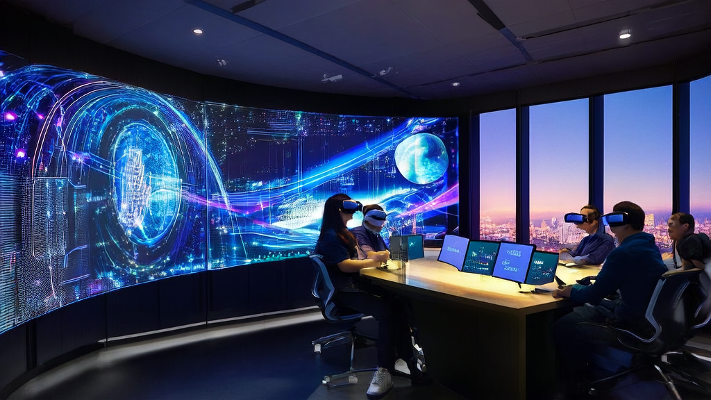 现代化办公室内的员工使用AI工具优化海外市场营销策略，背景显示微软标志