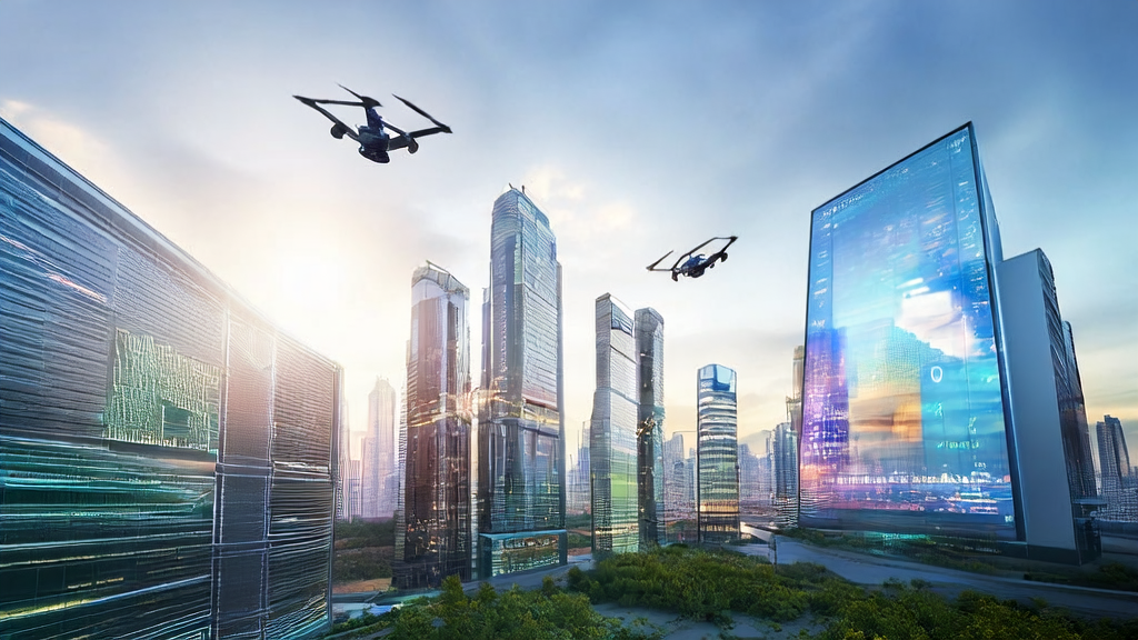 In a futuristic city, smart billboards flash between skyscrapers while AI-driven robots analyze data to optimize ad placements. A marketing expert stands before a large screen displaying precision acquisition data.