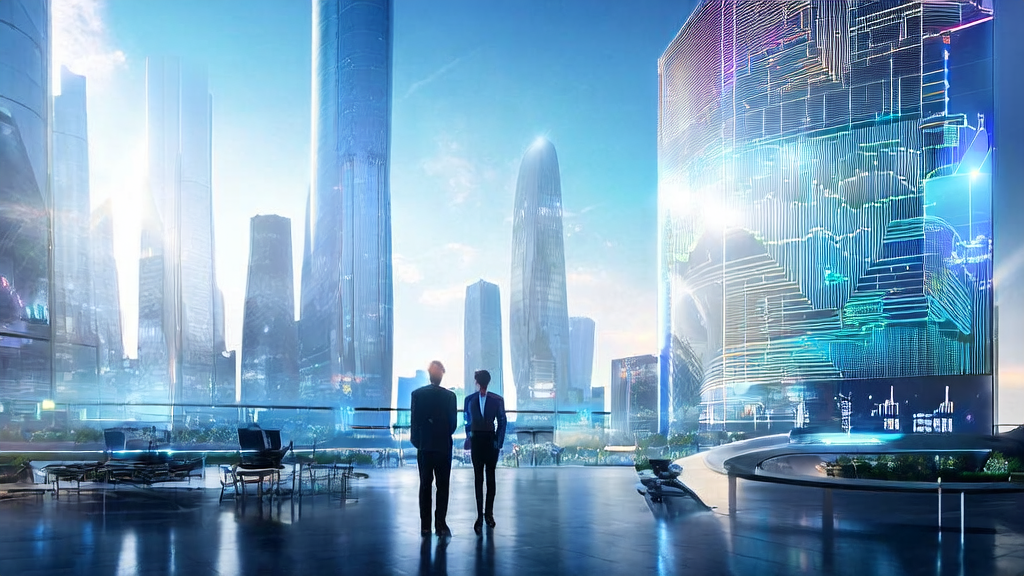未来城市的高科技办公室内，创业者使用阿里云通义灵码AI IDE进行个性化营销分析