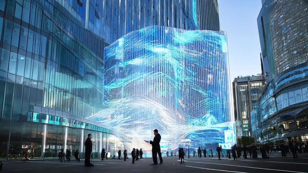A modern office building in a futuristic city with personalized recommendations on screens, white-collar workers receiving customized emails, symbolizing AI-driven marketing