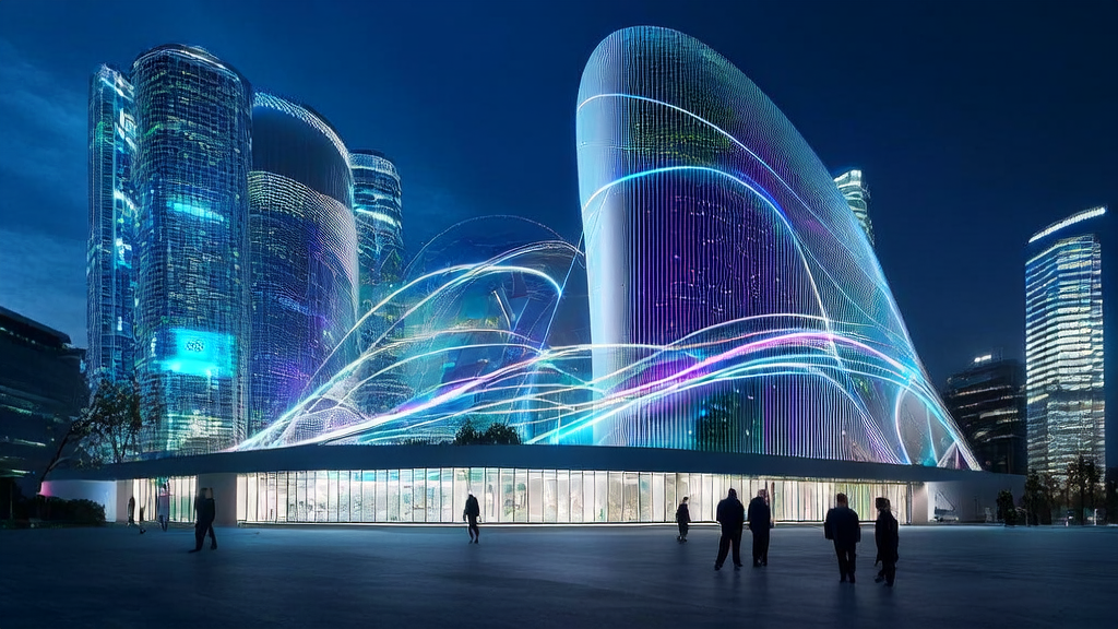 In a futuristic city skyline, an entrepreneur operates an AI-driven email marketing system via a large touchscreen, showcasing the success and high conversion rates of personalized emails.