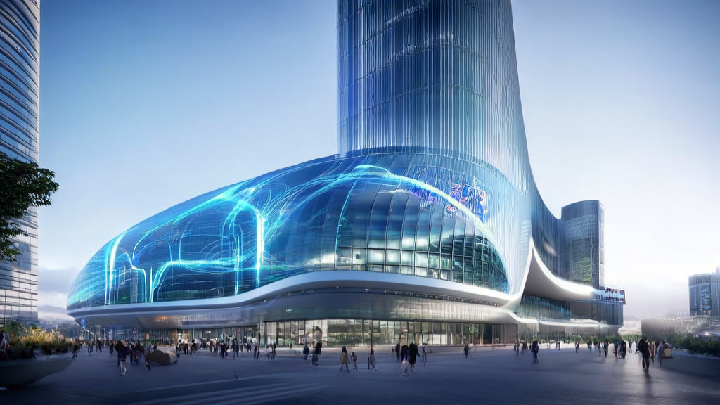 A modern office building in a futuristic city showcasing AI-driven personalized email marketing ads, with pedestrians checking personalized email notifications on their smartphones.