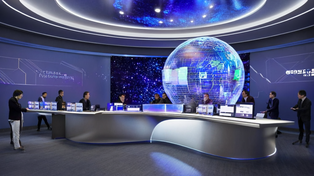 Future office where employees use AI technology for personalized email marketing and precise customer acquisition