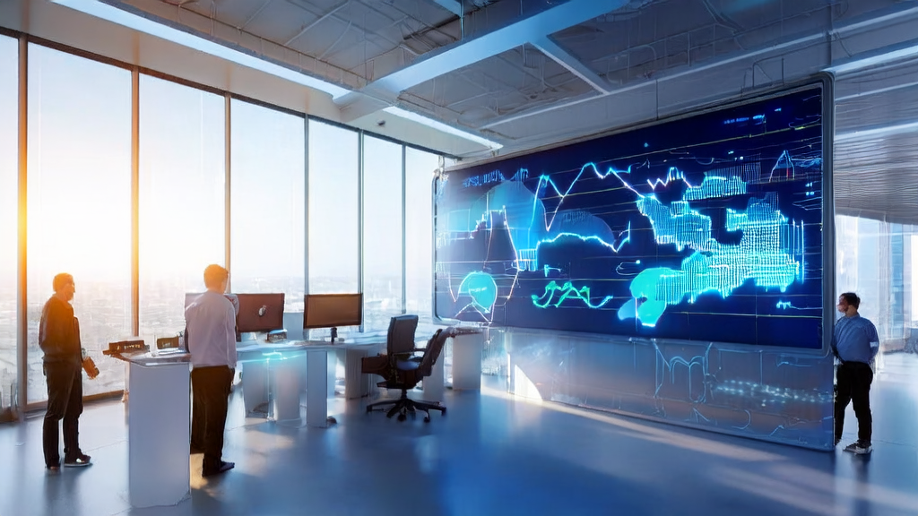 在充满阳光的现代化办公室中，工程师们正在讨论AI驱动的个性化邮件营销策略，旁边是大型服务器和数据图表。