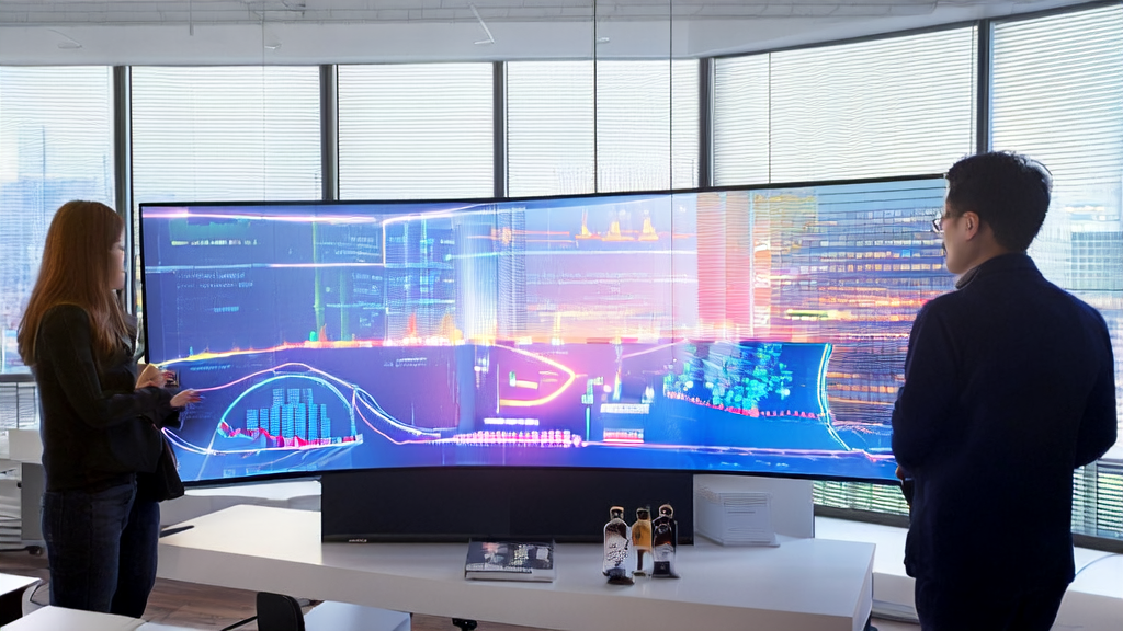 现代化办公室中，团队围绕显示屏讨论AI营销策略，智能机器人助手提供实时建议