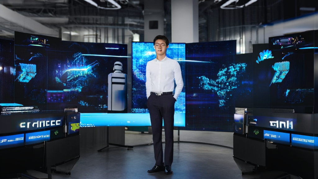 一位年轻创业者在现代化办公室中使用AI智能获客系统，展示Qwen-Image和Qwen3-Omni的强大功能。