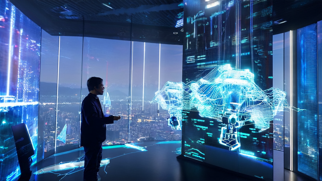 A high-tech office scene in a future city, showcasing AI-driven marketing tools and a virtual assistant