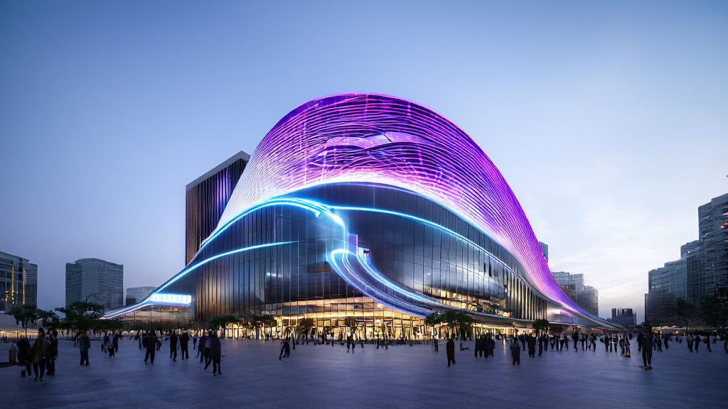 未来城市的办公大楼前，人们在互动屏幕前观看AI驱动的个性化营销演示，周围是无人驾驶车辆和无人机，象征着科技的进步。