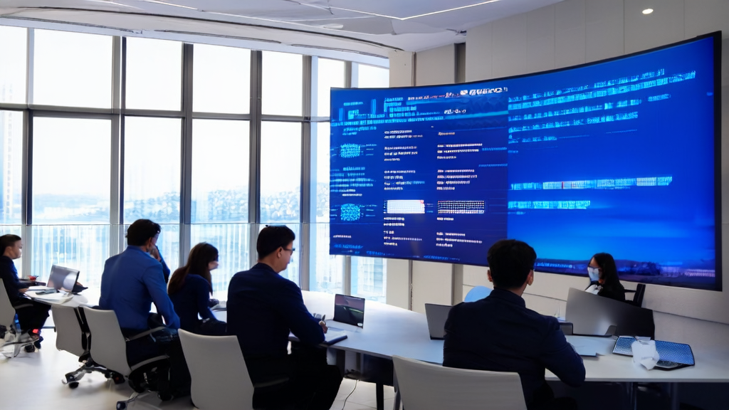 In a modern office, employees are discussing the latest AI-driven customer acquisition solutions, with the impressive performance of Xiaomi's MiDashengLM-7B displayed on the screen.
