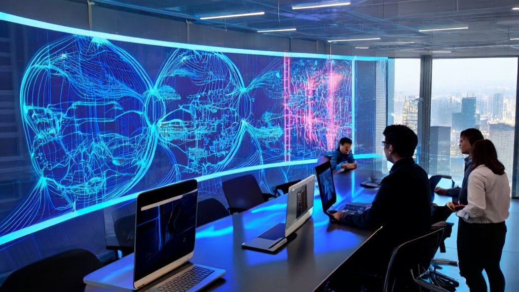Tech professionals discussing AI-driven marketing strategies in an office with a city skyline background