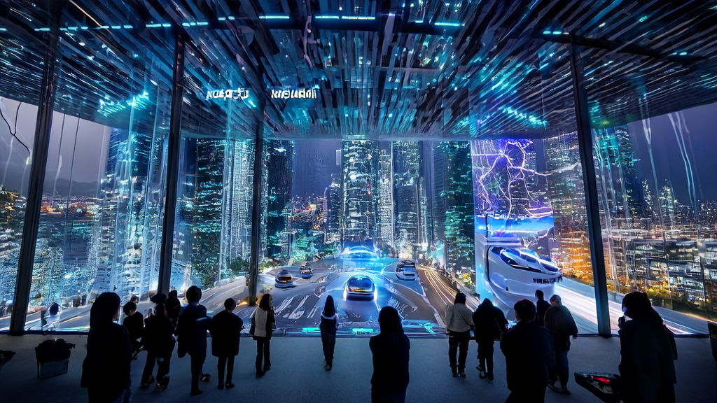 Young entrepreneurs in a futuristic city discussing AI-driven cross-border e-commerce acquisition strategies for 2025.