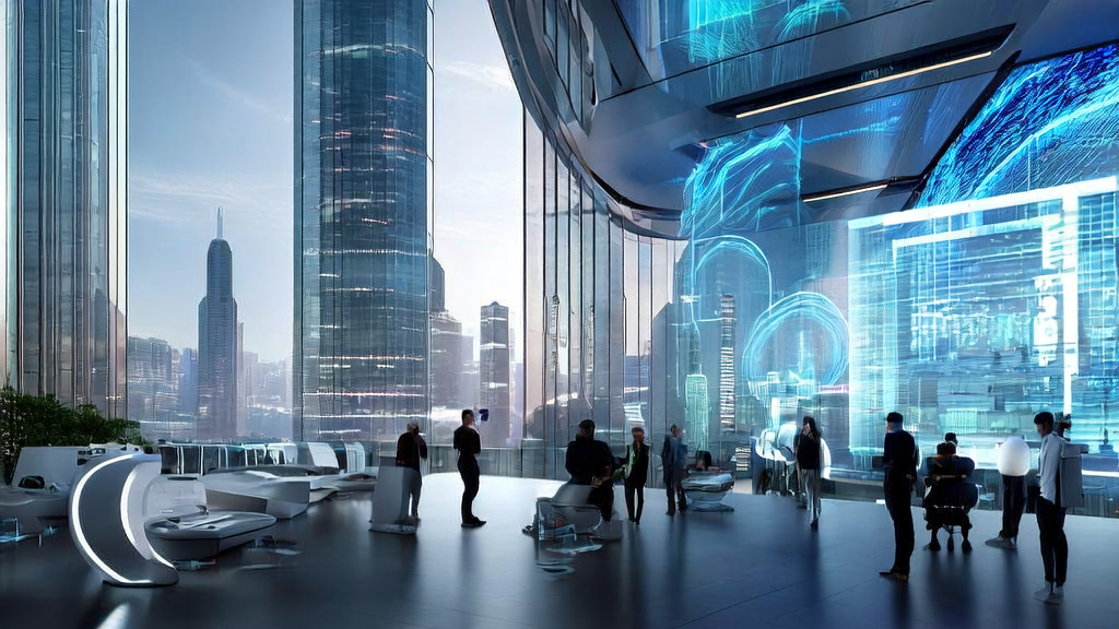 Interior of a marketing company in a futuristic city showcasing the application of AI technology in marketing, including intelligent robots, data analysis, and the Trae 2.0 logo