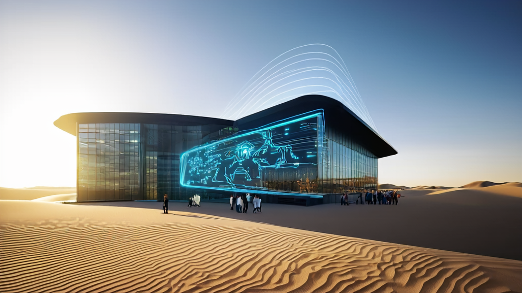 Modern Middle Eastern business utilizing AI technology for efficient customer acquisition, featuring 3D model displays and multilingual interfaces.