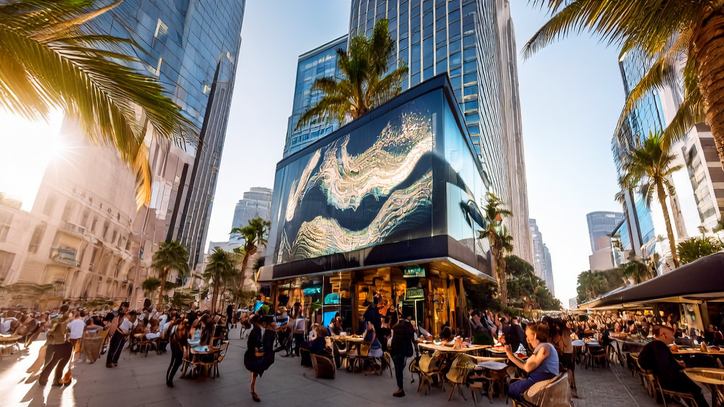 中东城市的街头，年轻创业者使用SkyReels V3生成的AI视频进行跨境电商获客