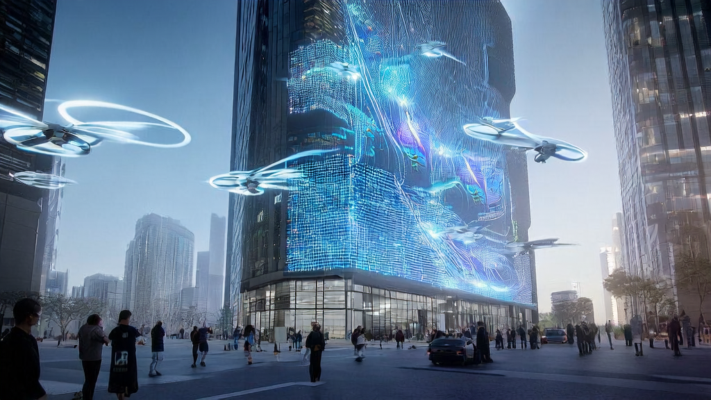 AI驱动的多渠道精准获客方案示意图，展示科技感十足的城市景象，强调AI技术和现代商业的融合