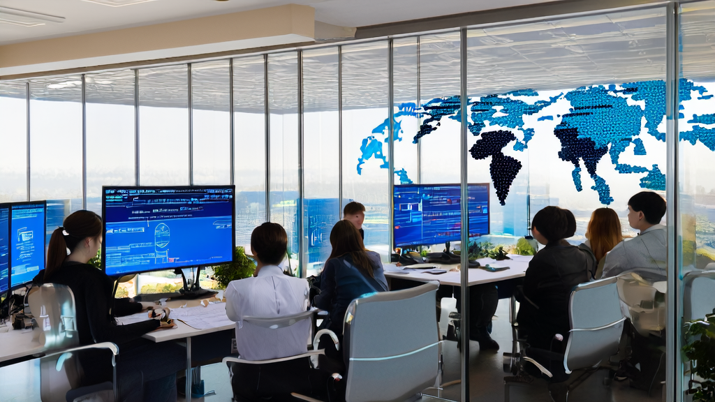 现代化办公室中员工利用AI技术进行多语种邮件营销，提升国际市场拓展效率