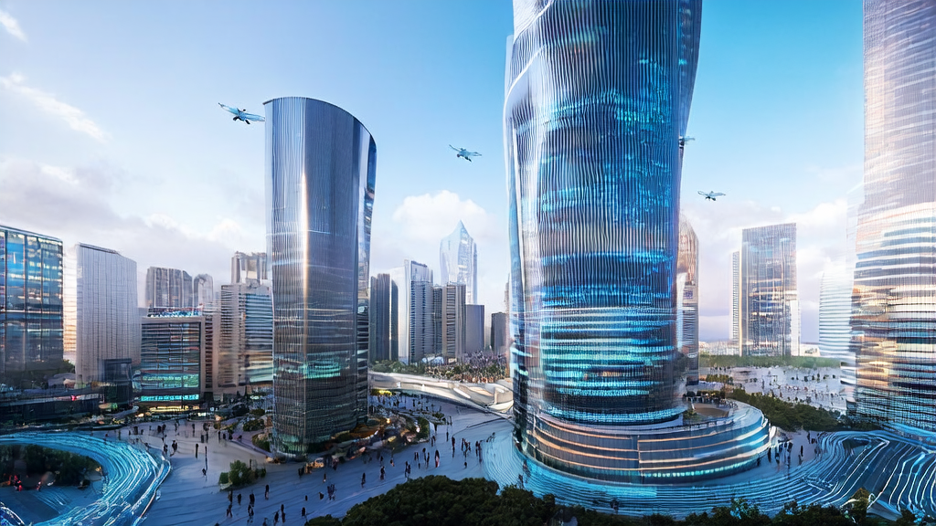 未来城市中的AI智能获客系统展示，大楼前的大型显示屏实时展示多渠道精准获客方案