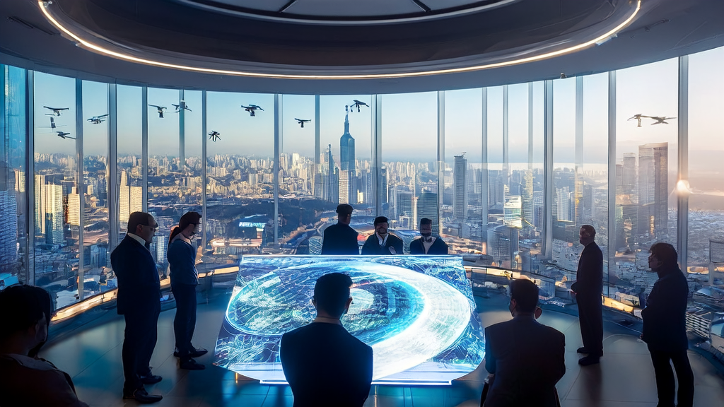 Entrepreneurs in a futuristic city are discussing the application of the latest AI video Agent tool, showcasing the immense potential of AI technology in acquisition channels.