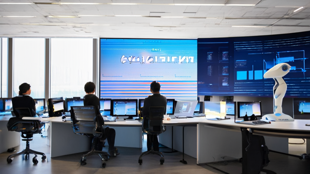 现代化办公室中员工利用AI技术进行数据分析和客户服务
