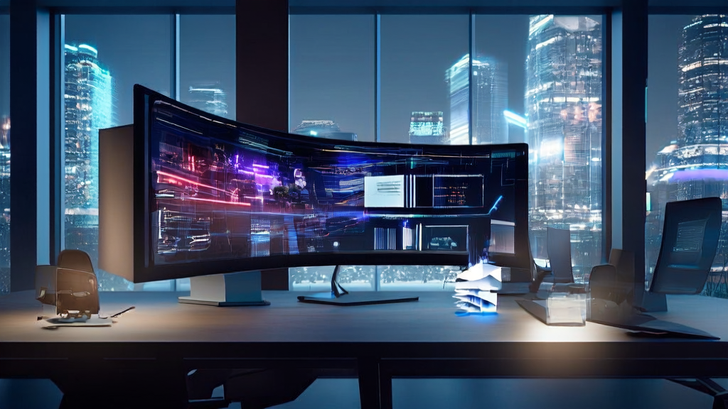 A futuristic office showcasing Tencent Games' AI toolset VISVISE and AI-optimized email marketing in action