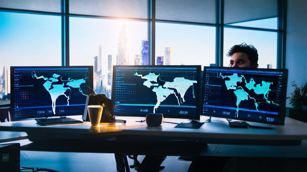 在充满阳光的现代办公室中,创业者使用AI工具处理外贸邮件并分析客户数据