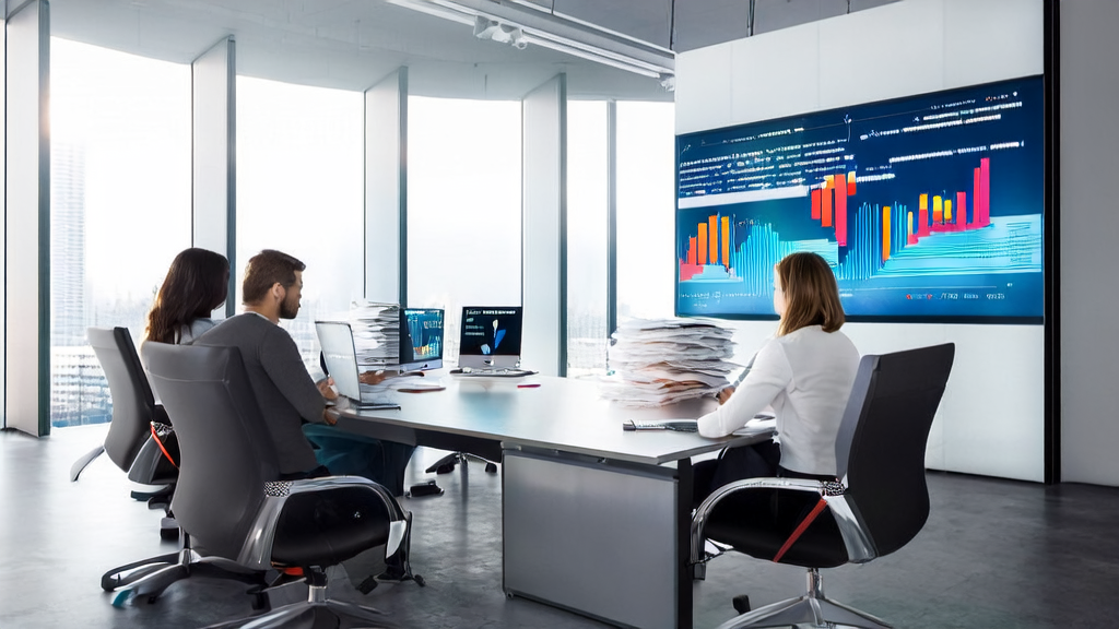 In a modern office, employees are discussing the application of AI customer data collection technology, with a sunny window view and smart devices in the background.