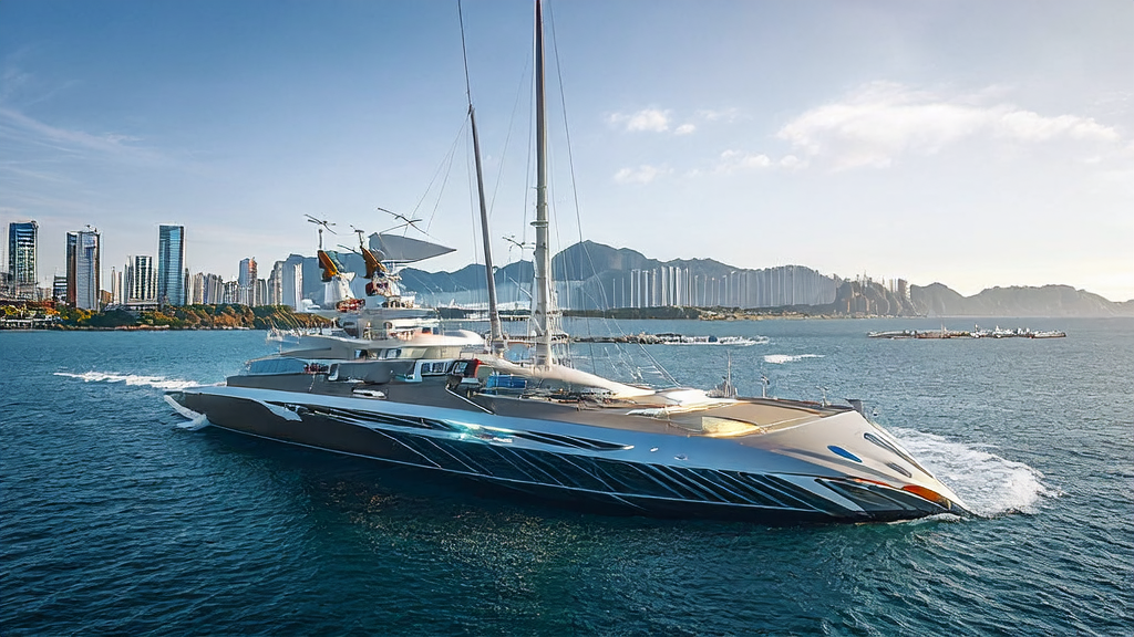 A modern sailboat equipped with the latest AI technology heading towards a bustling Southeast Asian port, with drones showcasing the Marey Realism v1.5 AI video generation model in action.