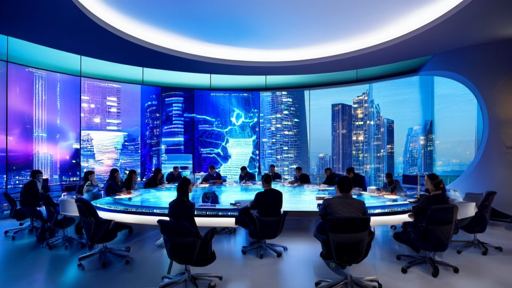 未来办公室中团队使用AI技术优化海外市场营销