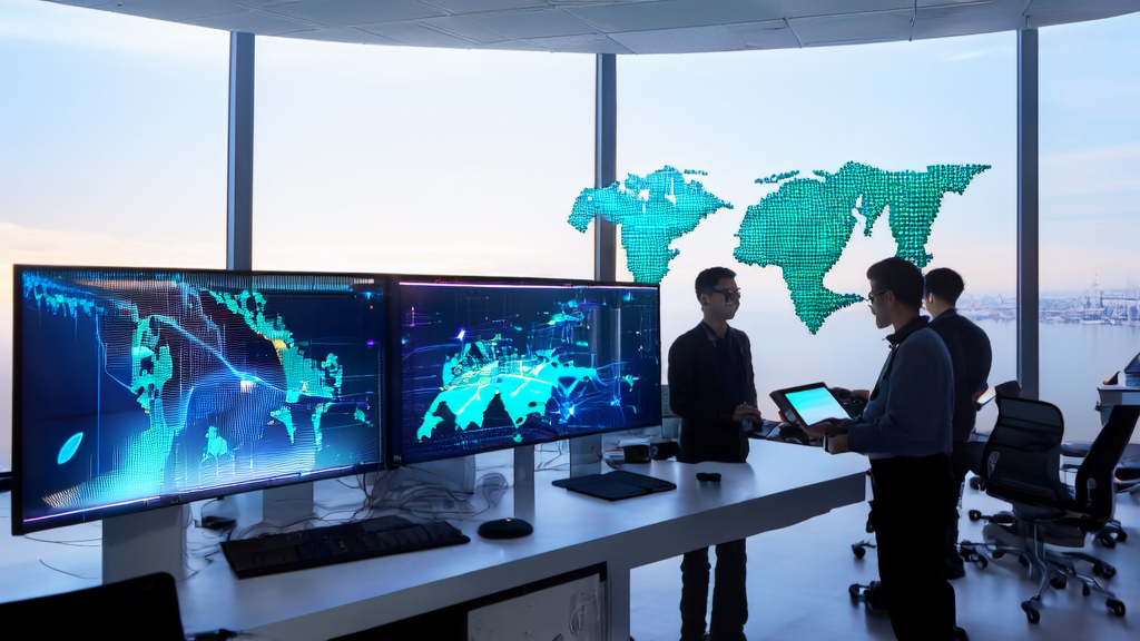 Illustration of AI technology in overseas marketing, featuring Google's neural operating system with real-time interface generation