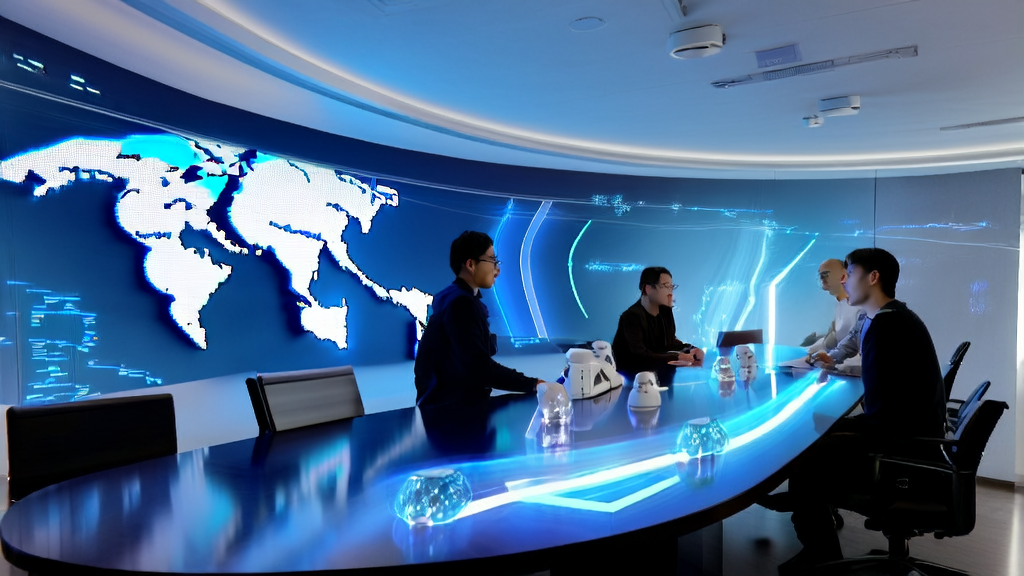 AI-driven overseas marketing optimization: A team in a modern office uses advanced AI technology to analyze global market data and improve e-commerce customer acquisition