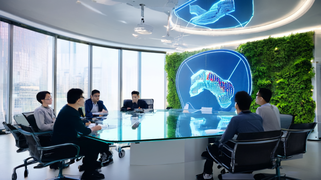 未来办公室中科技工作者正在讨论AI驱动的个性化邮件营销策略