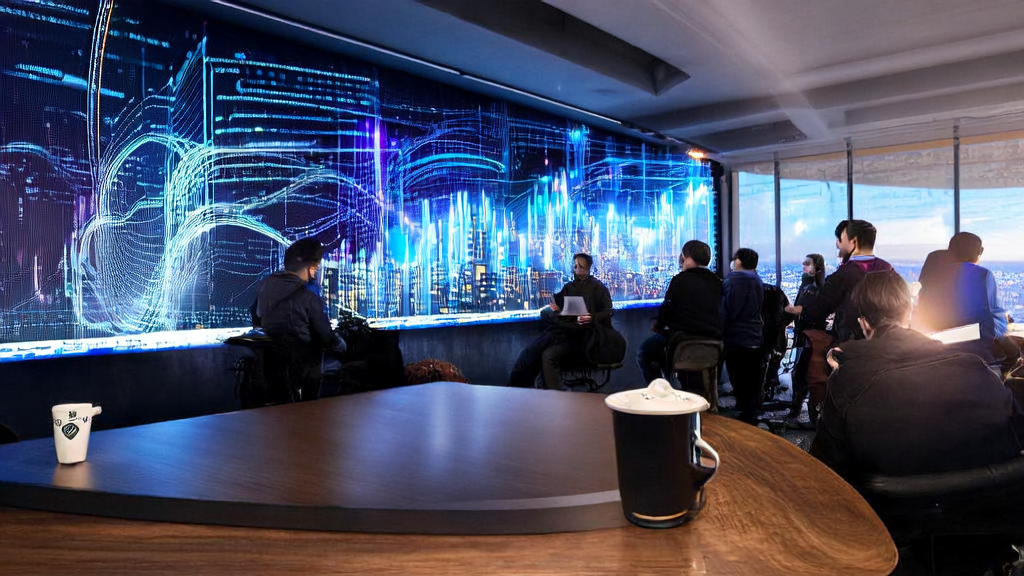 现代化办公室中，团队成员正在讨论AI驱动的个性化邮件营销方案，背景是阳光明媚的窗景和显示数据分析的大屏幕。