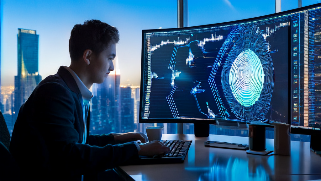 A young entrepreneur analyzing AI-driven personalized email marketing in a modern office