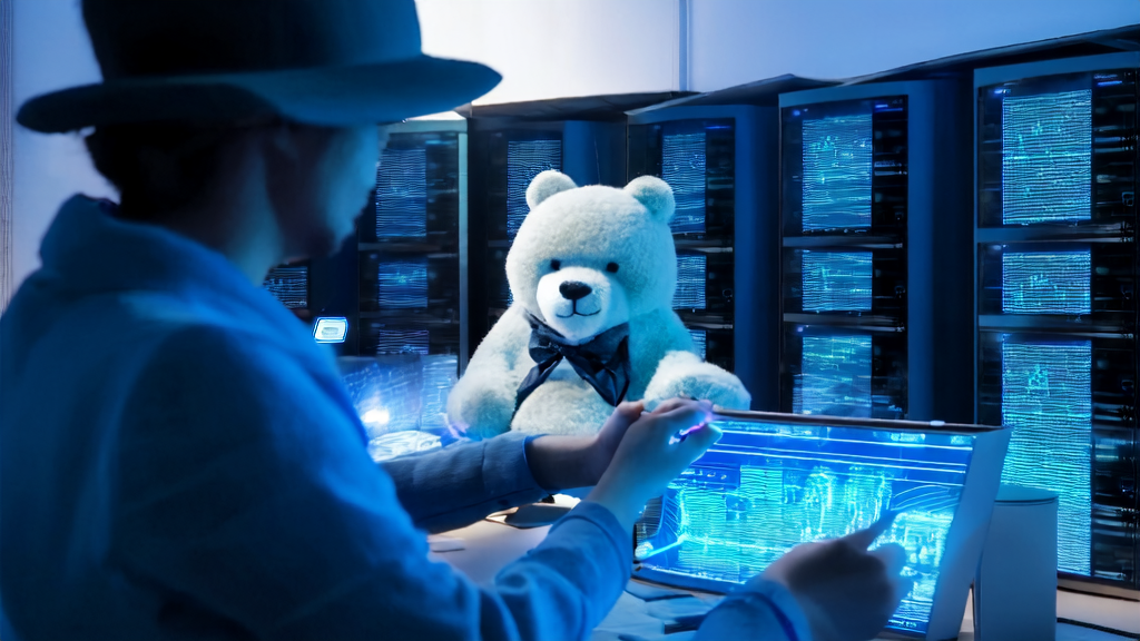 未来办公室中，市场经理利用AI系统定制个性化邮件内容，阳光透过窗户洒入，房间里有一只可爱的羊毛毡大熊猫。