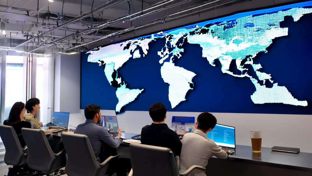 A team discussing AI-driven personalized email marketing strategies with a world map and smart devices in the background