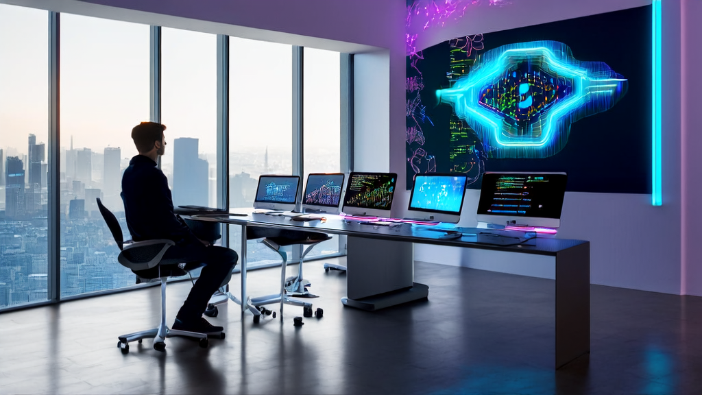 Scene of AI-driven personalized email marketing: Young entrepreneurs in a modern office using AI technology to optimize their email marketing strategies