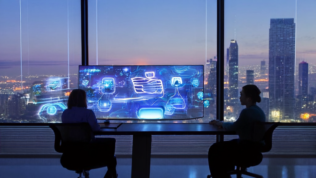 Young entrepreneur using AI technology for personalized email marketing in a modern office