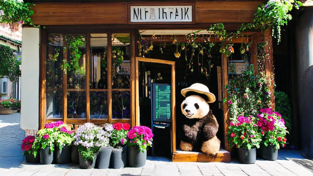A felt panda in a wide-brimmed hat greets customers at the entrance of a flower shop, with a computer screen in the background running an AI customer prediction model