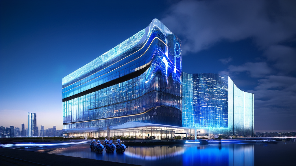 In a futuristic city skyscraper, intelligent robots use AI technology to achieve personalized email marketing, ensuring each email precisely reaches its target audience.