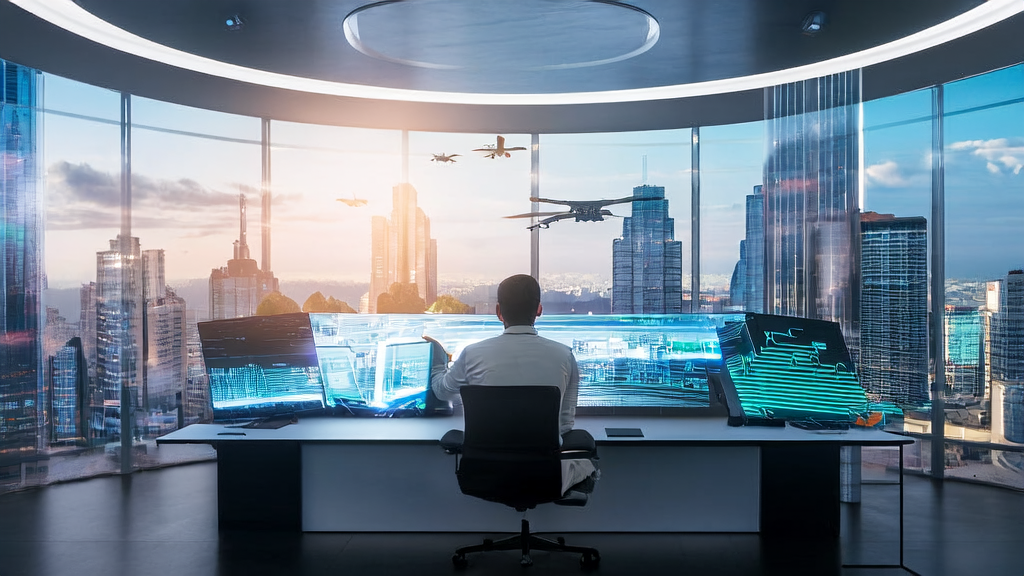 Marketing expert using AI technology for hyper-personalized email marketing in a futuristic city office