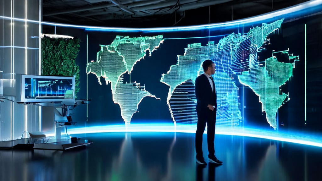 2025年AI驱动的个性化邮件营销：年轻CEO通过智能屏幕管理全球团队，展示未来办公室的高科技环境。