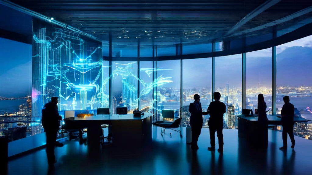 Tech company in a futuristic city using AI for hyper-personalized email marketing and precise client outreach