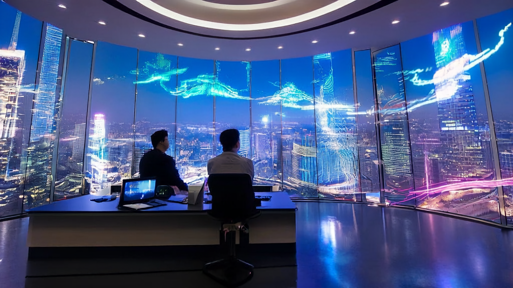 A futuristic office scene showcasing AI-driven personalized email marketing and precise customer targeting