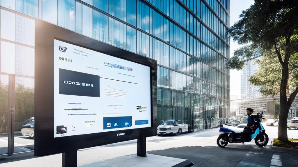 阳光下的现代化办公楼，展示AI驱动的个性化邮件模板和智能AI助手“小饿”