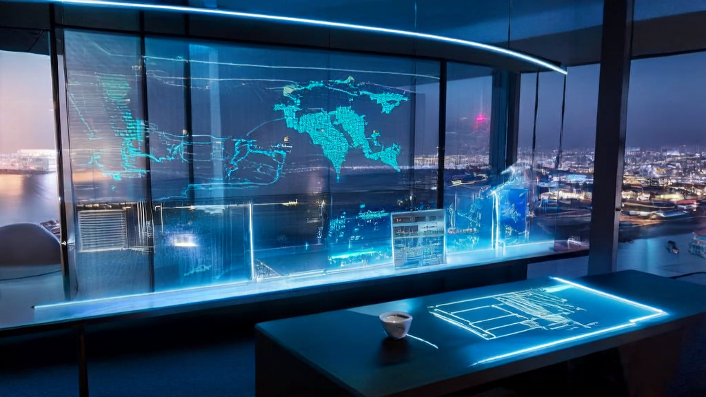 In a futuristic office, showcasing AI-driven personalized email marketing technology to boost open rates.
