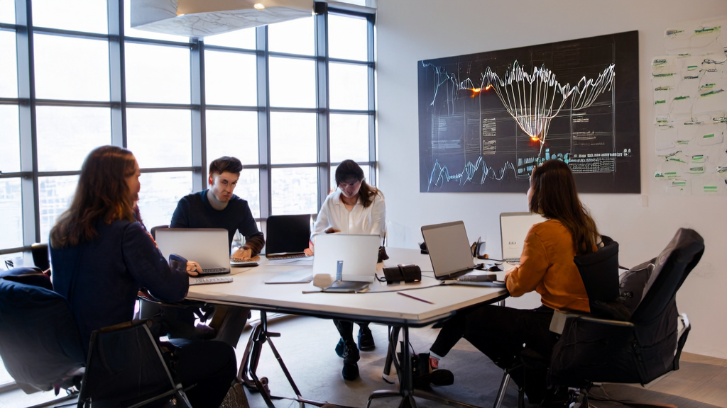 AI驱动的个性化邮件营销团队在现代化办公室中讨论提升邮件打开率和转化率的策略