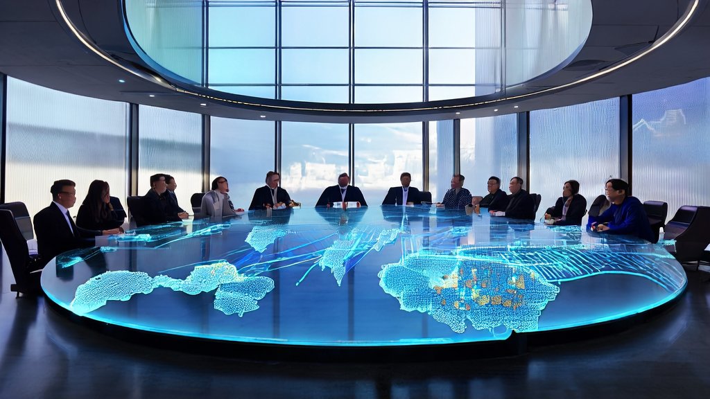 In a futuristic office meeting room, executives are discussing AI-driven personalized email marketing strategies, with the latest large model rankings displayed on the wall.